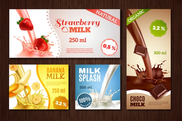 Sweet tasty milk with different flavours realistic banners set on wood isolated vector illustration