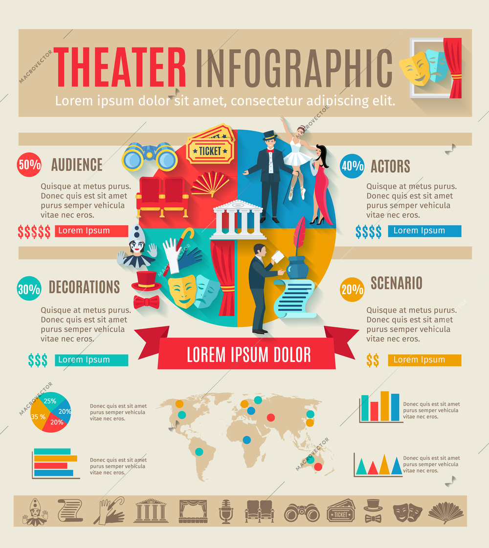 Theater infographics set with drama play symbols and charts vector illustration