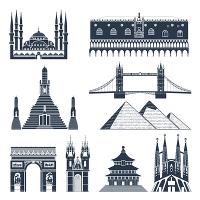 Landmarks and monuments black flat icons set isolated vector illustration