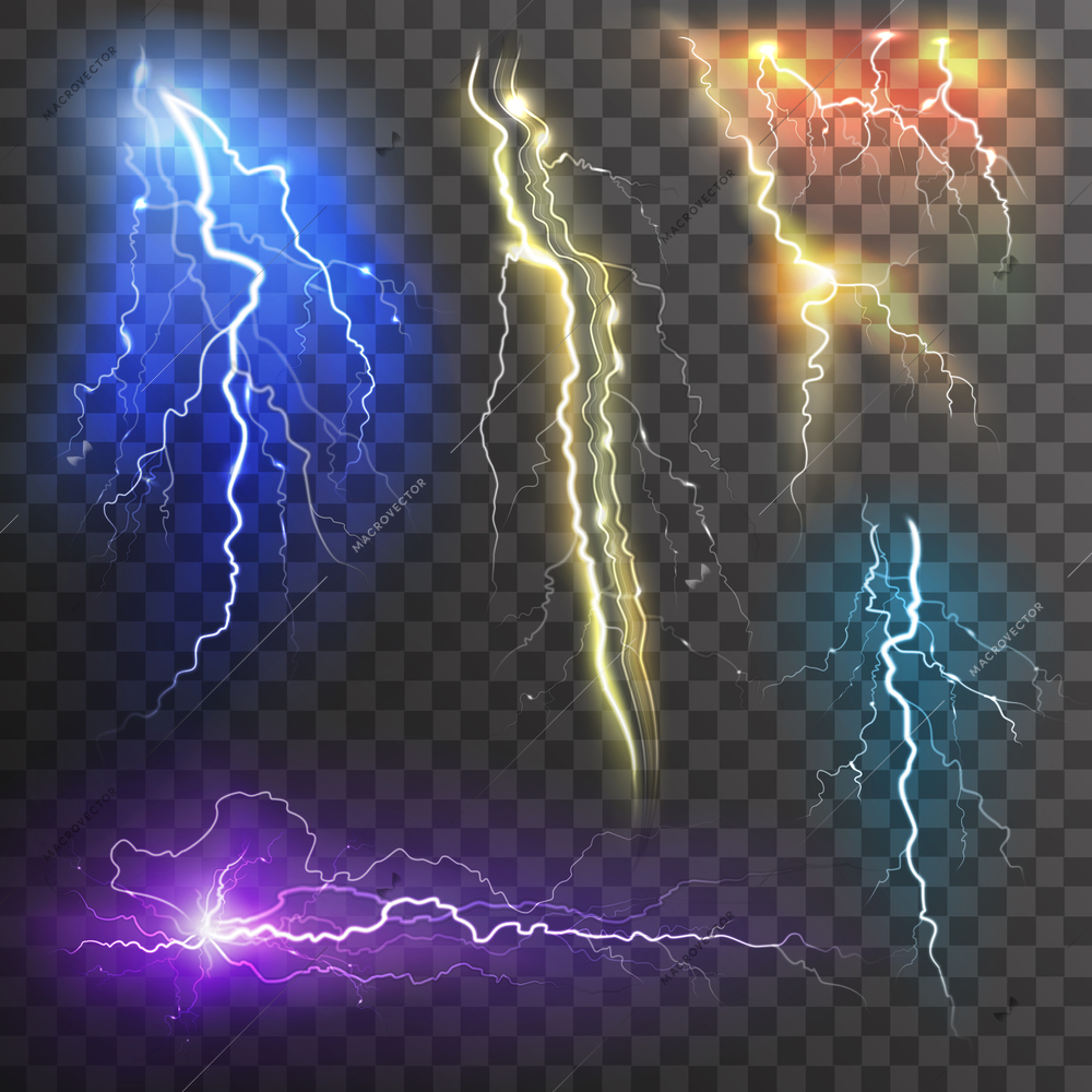 Lightning transparent set in different colors realistic isolated vector illustration