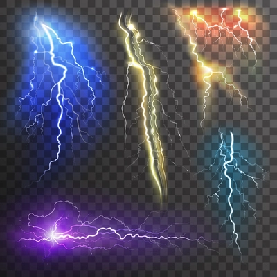 Lightning transparent set in different colors realistic isolated vector illustration