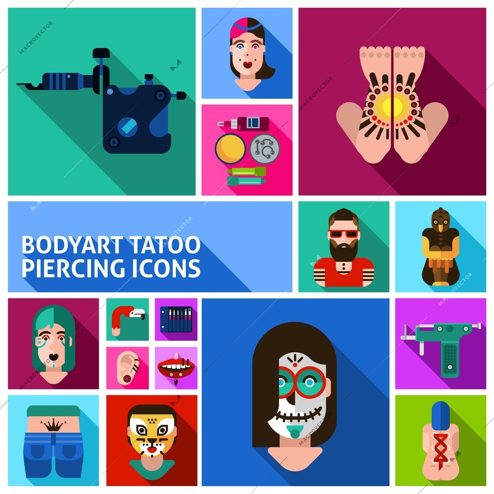 Square images and icons set of tattoo piercing and bodyart drawn in flat style isolated vector illustration