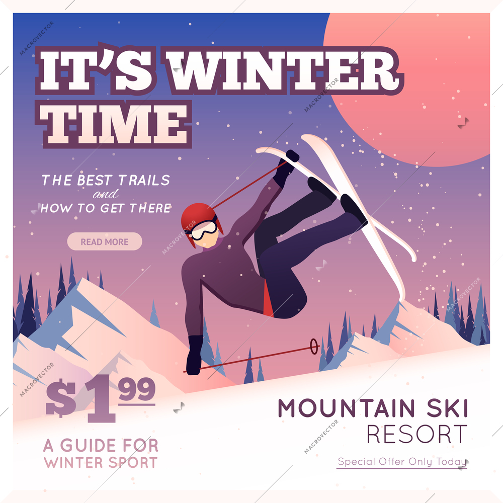 Winter sport poster with person in skies and mountains on background vector illustration