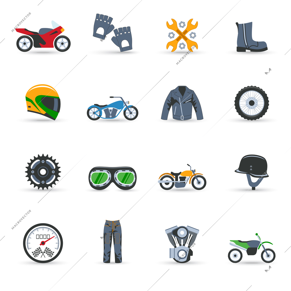Motorcycle flat icons set with scooter helmet motor speedometer isolated vector illustration