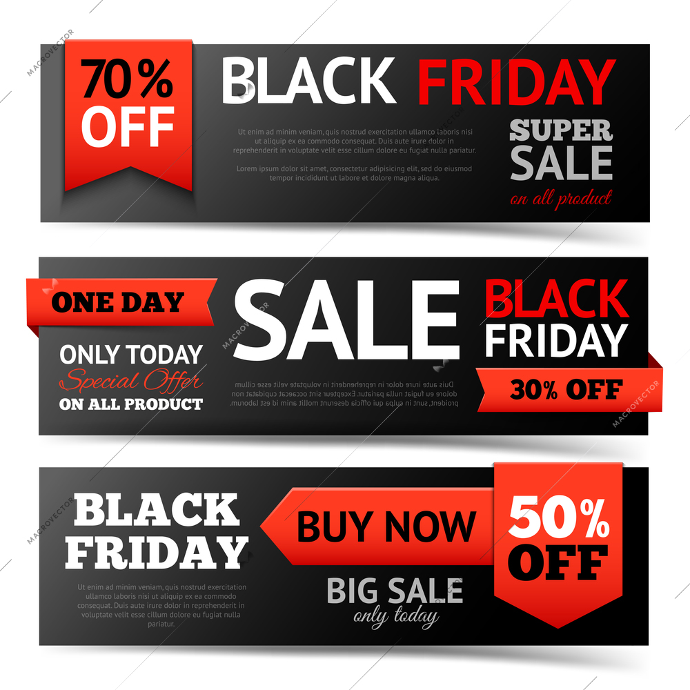 Black friday super sale horizontal banner set isolated vector illustration