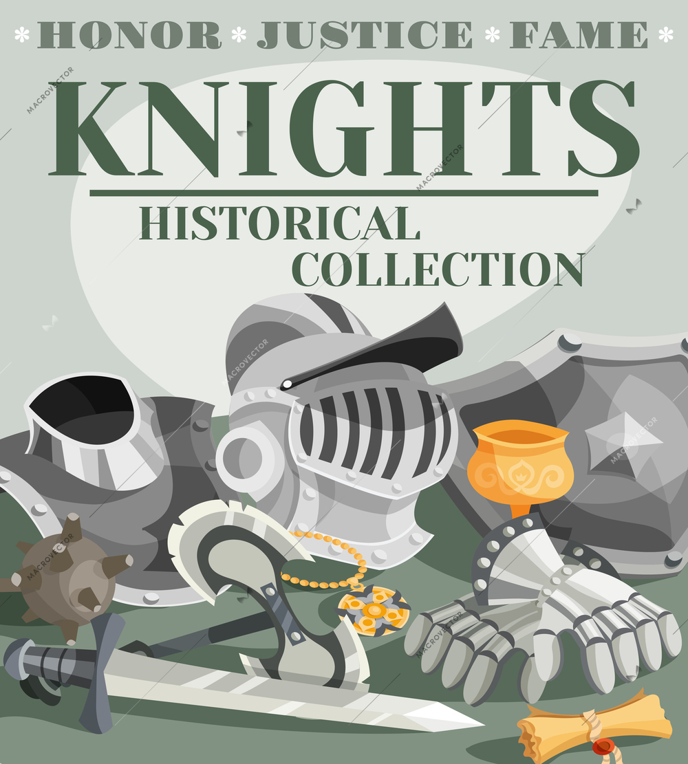 Medieval knight armor cartoon poster with metal helmet gloves and sword vector illustration