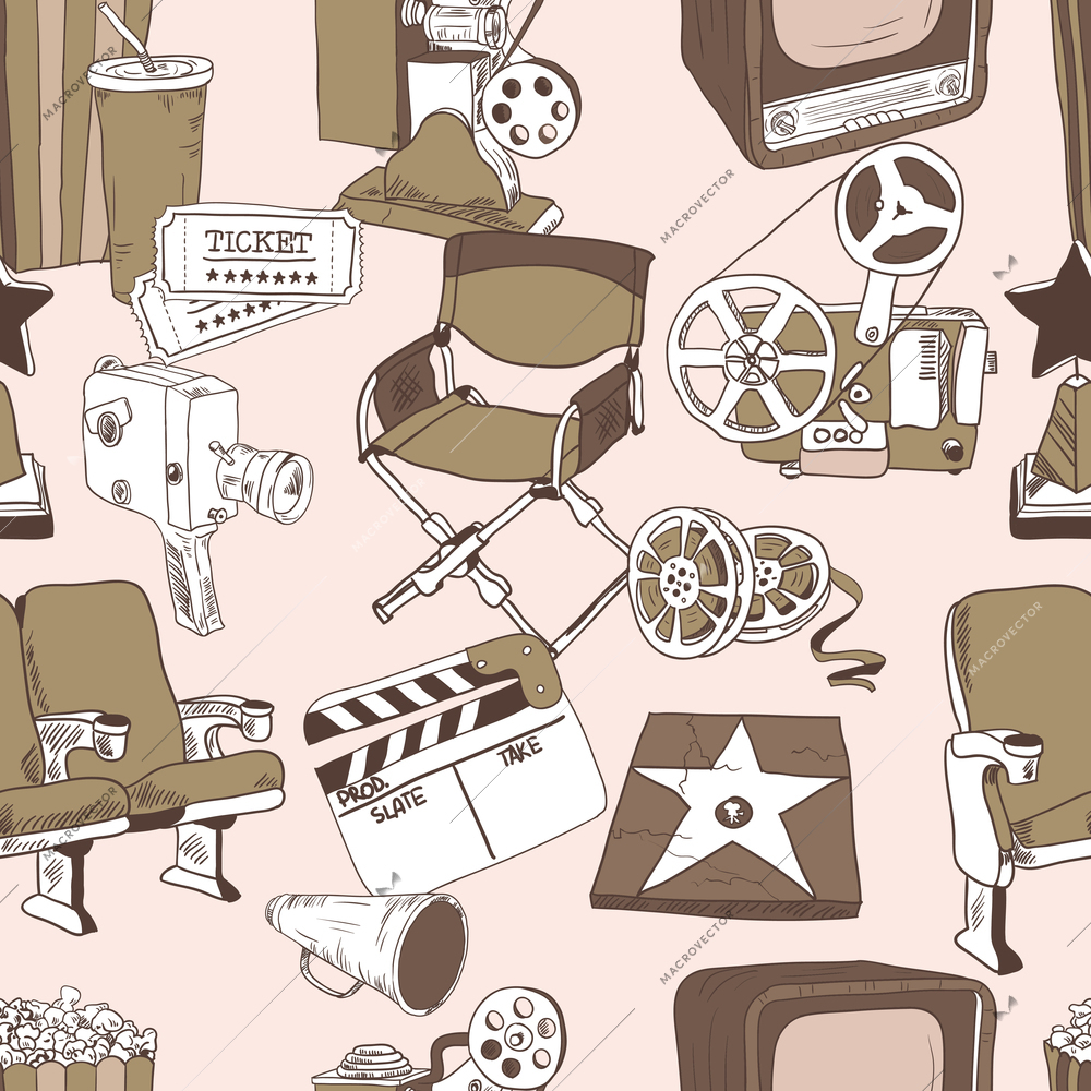 Cinema entertainment decorative seamless pattern with camera film projector ticket and director chair design elements vector illustration