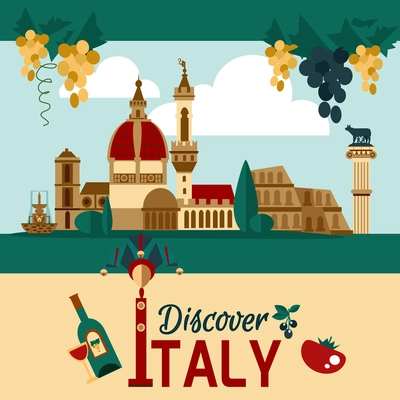 Italy touristic poster with historical landmarks and food symbols vector illustration