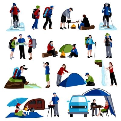 Camping and people icons set with tents rucksacks and map flat isolated vector illustration