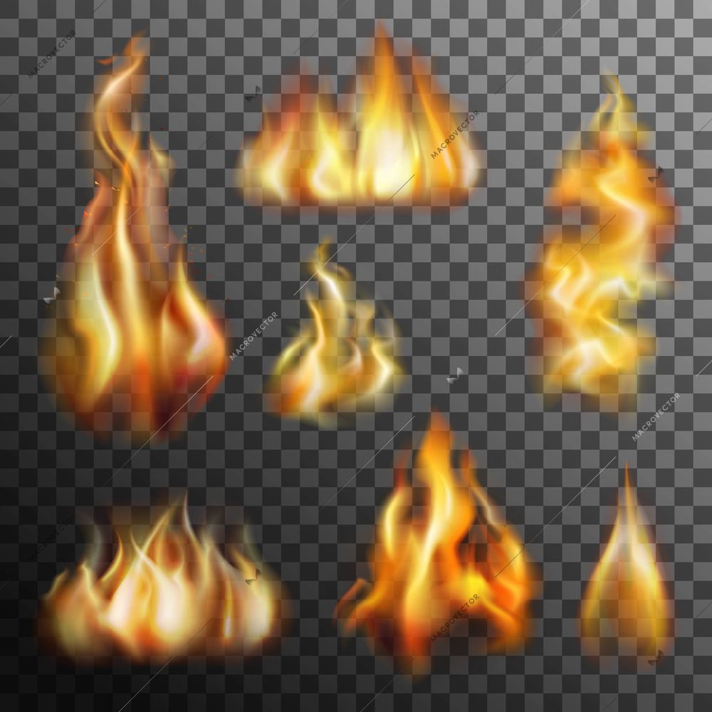 Realistic burning fire transparent set for decoration isolated vector illustration