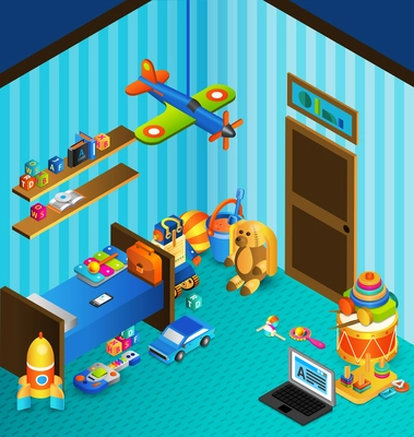 Child playroom concept with isometric bed and isometric toys vector illustration