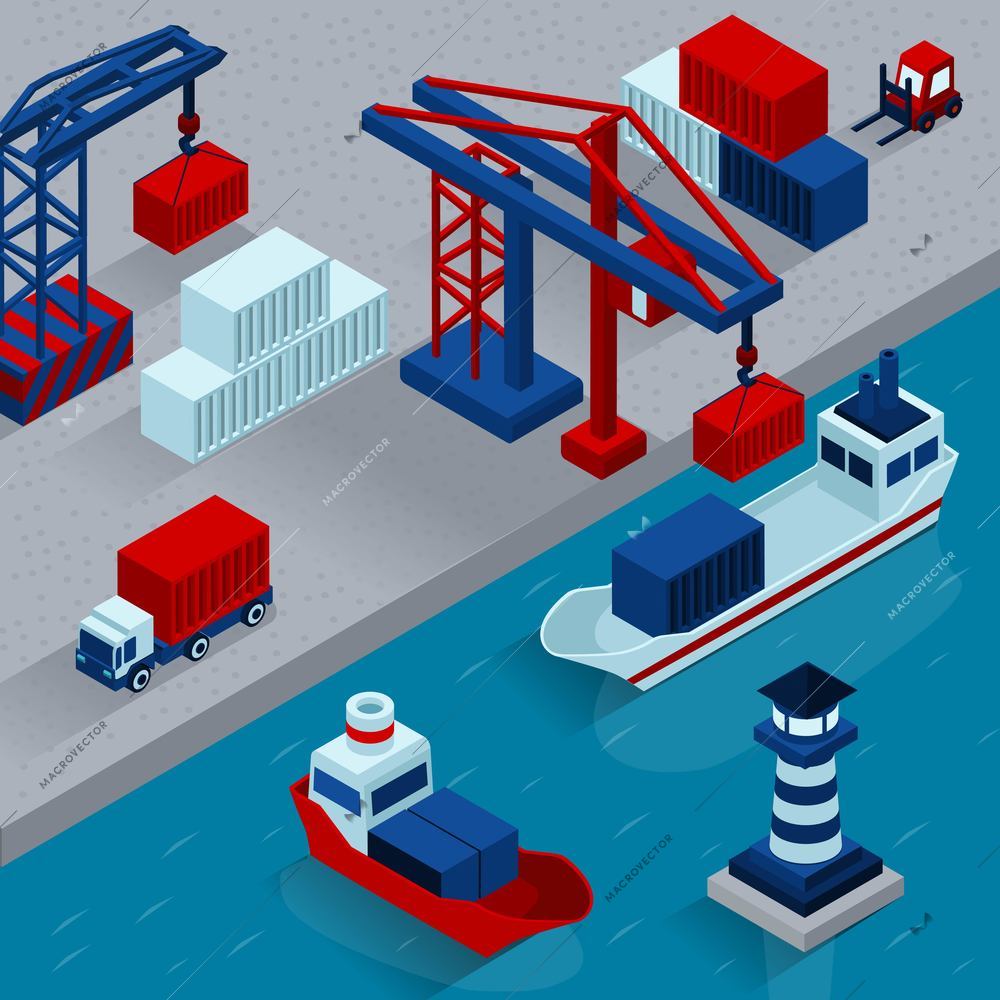 Seaport cargo loading  isometric concept with working port facilities vector illustration
