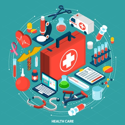 Healthcare management for international medical organizations concept model isometric round pictograms composition icon poster abstract vector illustration