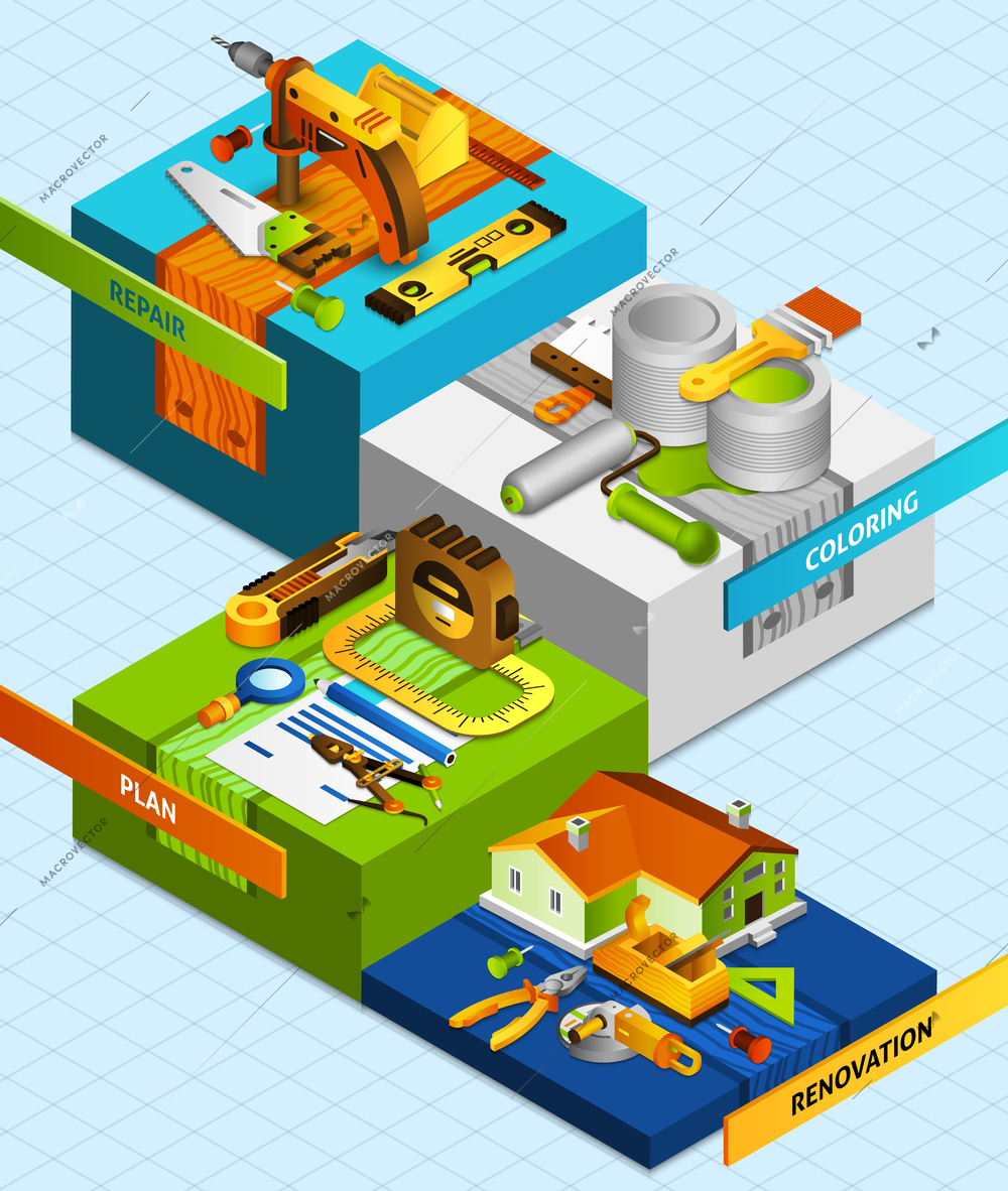 DIY concept with isometric renovation and coloring tools vector illustration