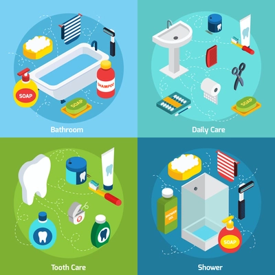 Isometric concept set  with bathroom objects and  means of personal hygiene vector illustration