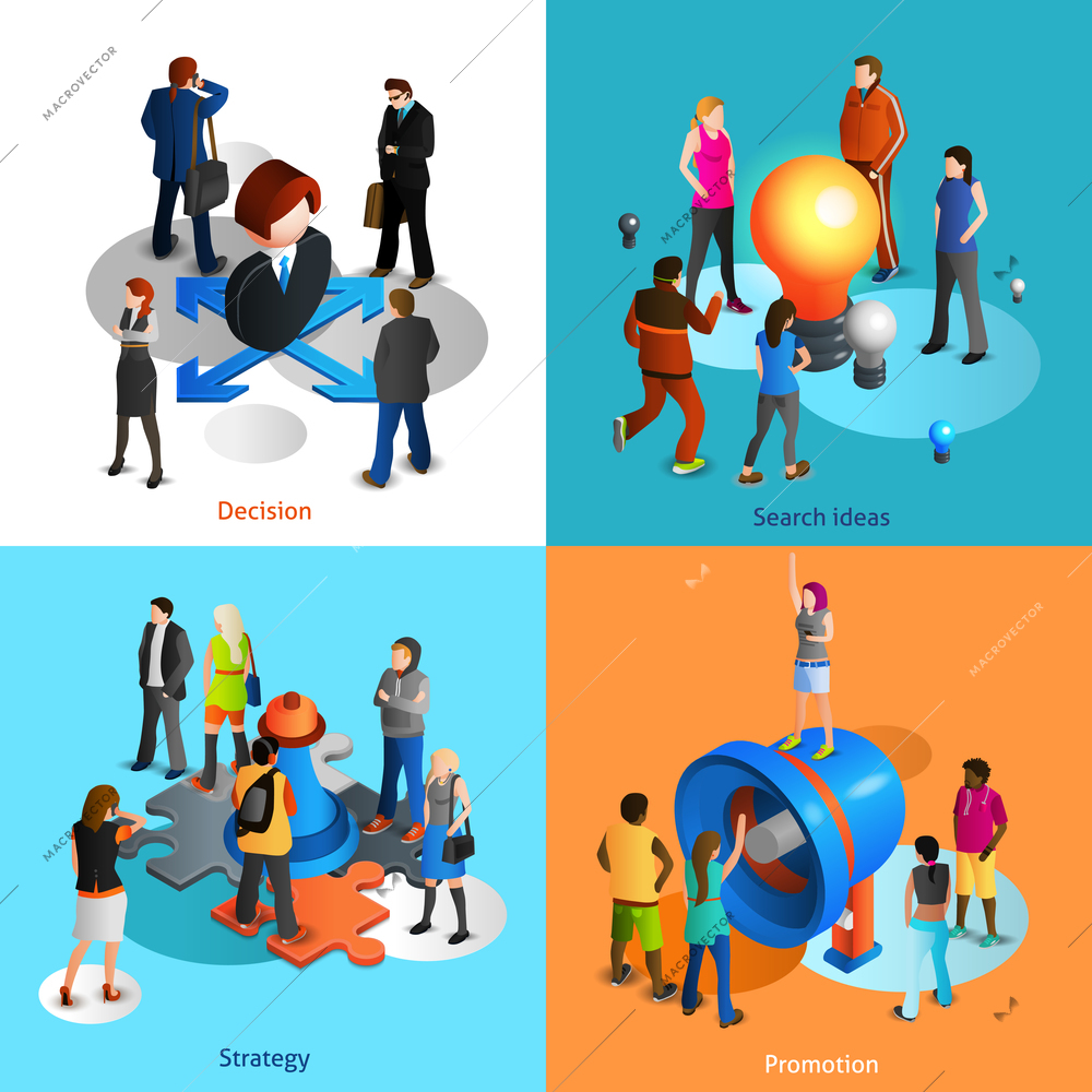 Business people isometric icons set with decision search ideas strategy and promotion symbols isolated vector illustration