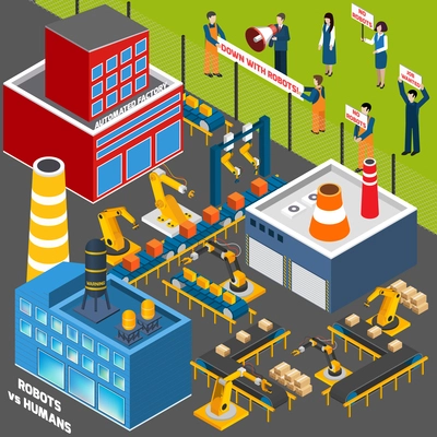 Isometric icons set  with  humans  protest action against the concept of automation industry  vector illustration