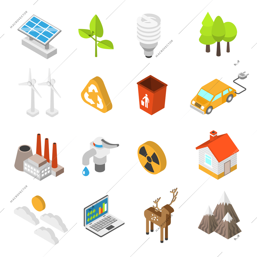 Ecology and environment protection conservation icon set with wind turbines solar panels isolated vector illustration