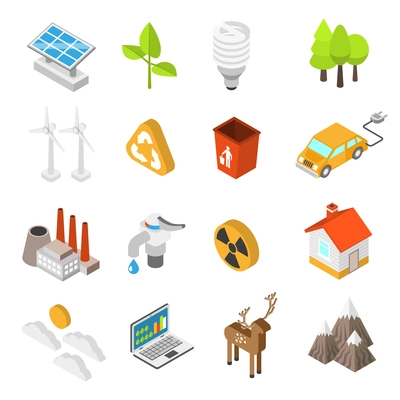 Ecology and environment protection conservation icon set with wind turbines solar panels isolated vector illustration