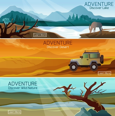 Discover nature wild life 3 flat banners set with lake and desert adventures abstract isolated vector illustration