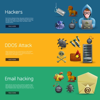 Horizontal  banners with icons of hacker activity and DDOS attacks  on computer systems  and e-mail hacking vector illustration