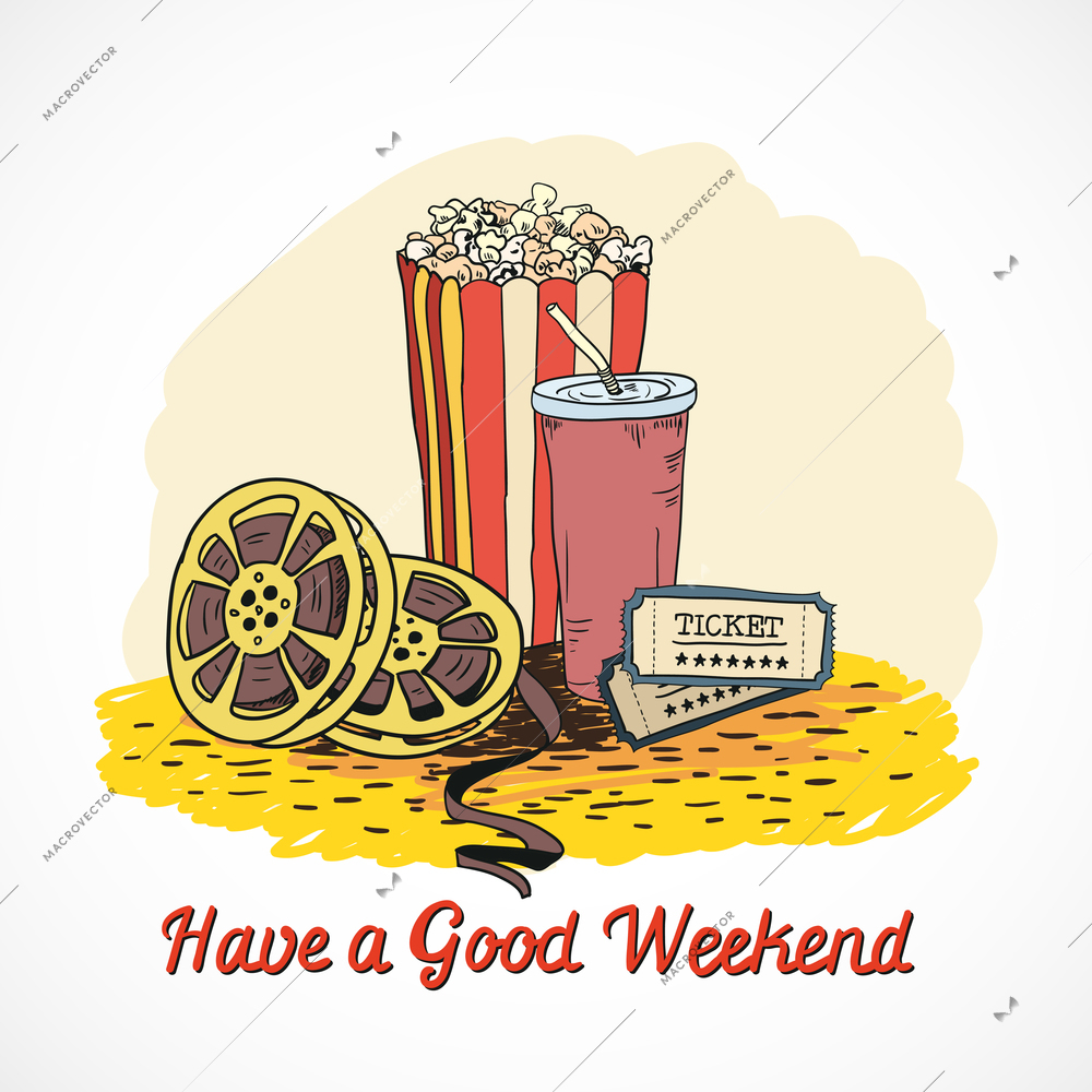 Colored cinema have a good weekend concept with popcorn drink cinema strip tickets doodle elements vector illustration