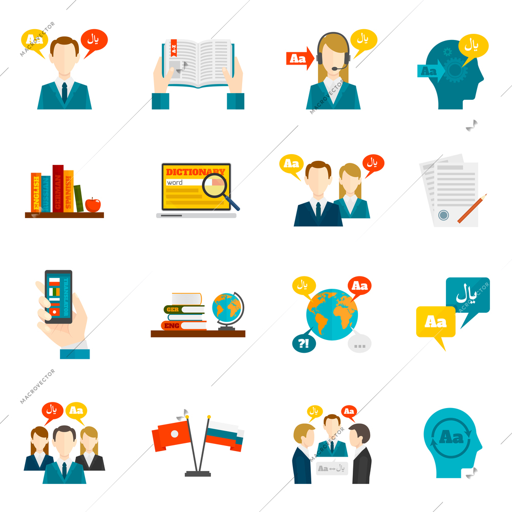 Translation foreign communication and dictionary flat icons set isolated vector illustration