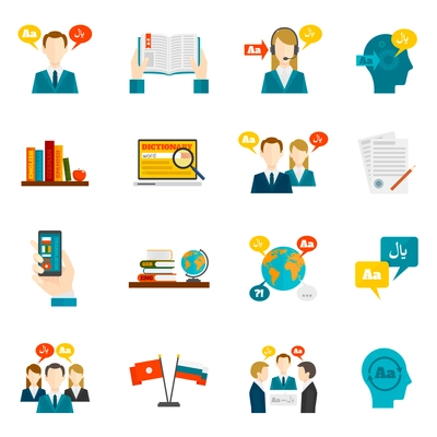 Translation foreign communication and dictionary flat icons set isolated vector illustration