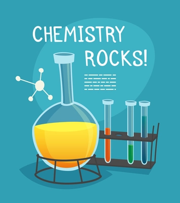 Chemical laboratory cartoon concept with flask  tubes and molecule model vector illustration