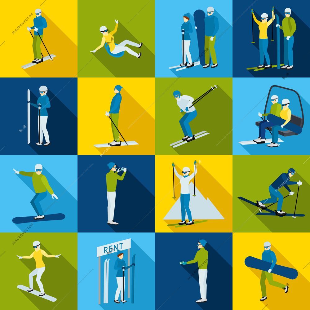 Color ski resort  icons collection with people in sports clothes with skis and snowboards isolated vector illustration