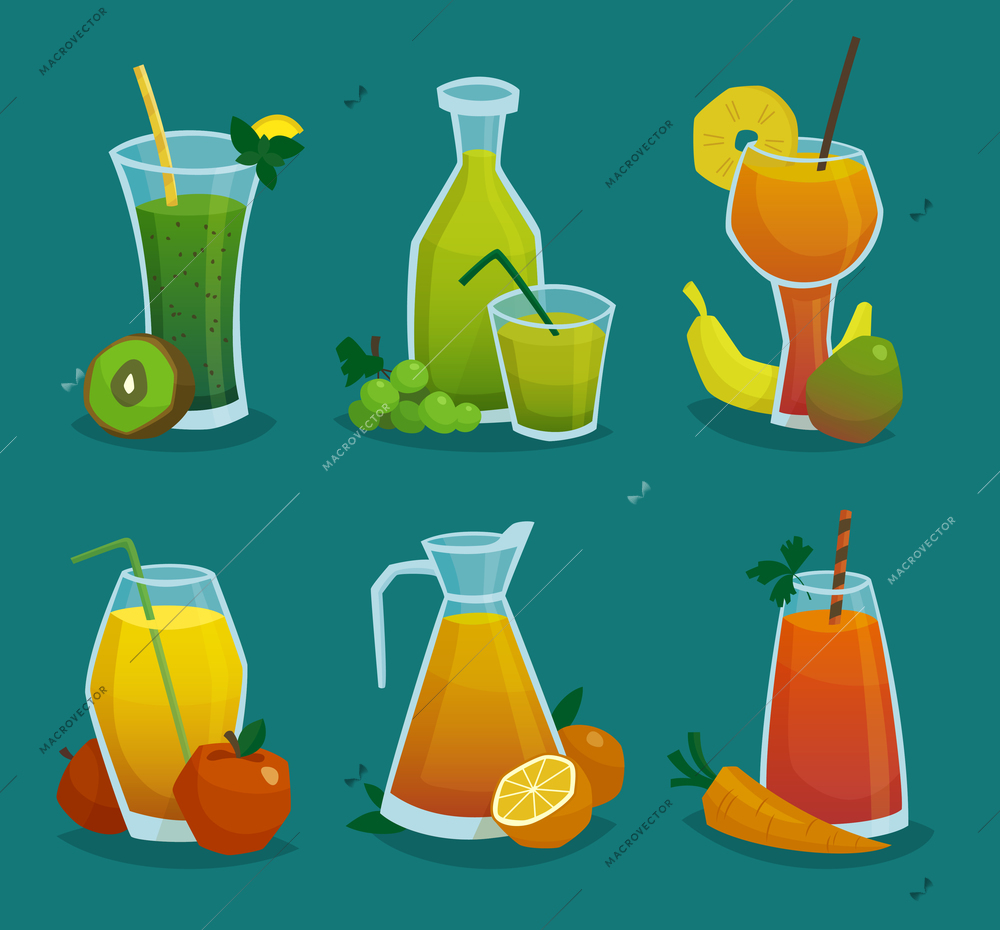 Decorative icons set of pitchers and glasses with fresh juice and  fruits made in cartoon style isolated  vector illustration