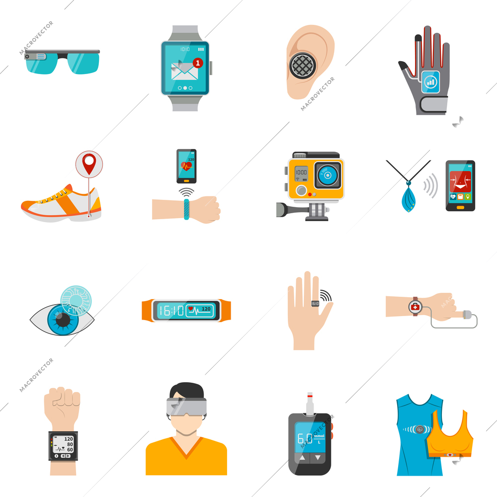 Wearable technology icons set with watch and health control symbols flat isolated vector illustration