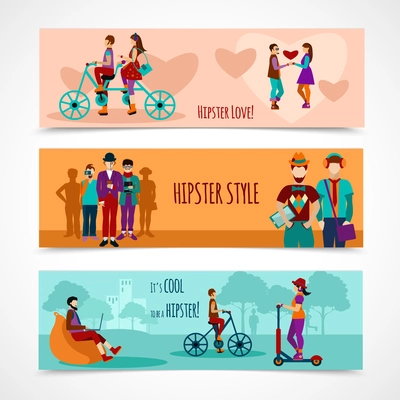 Hipster people horizontal banner set with flat love and leisure elements isolated vector illustration