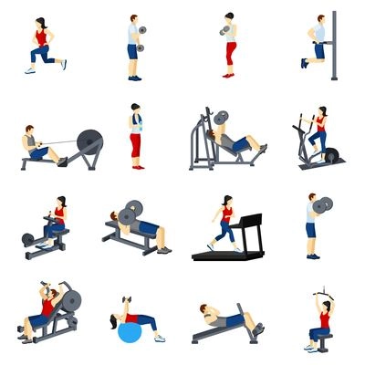 Fitness icons set with  men and women training in gim vector illustration