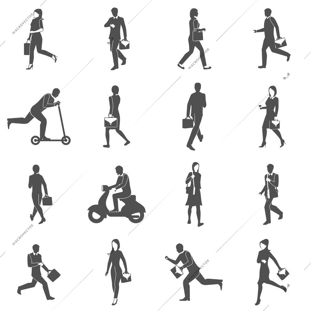 Black  icons set with  people silhouettes going to work by foot  scooter and  motorcycle isolated vector illustration