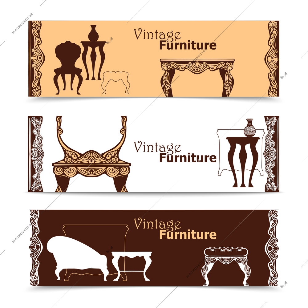 Hand drawn vintage furniture  horizontal banners in  baroque style  vector illustration