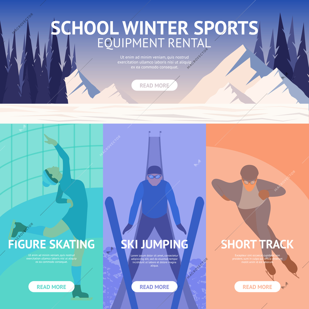 Winter sport banner set with figure skating ski jumping short track isolated vector illustration