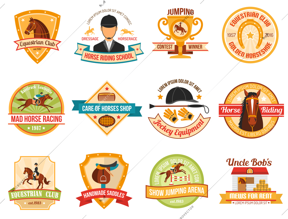 Jockey  color emblems set with  horse riding equipment and race  isolated vector illustration.