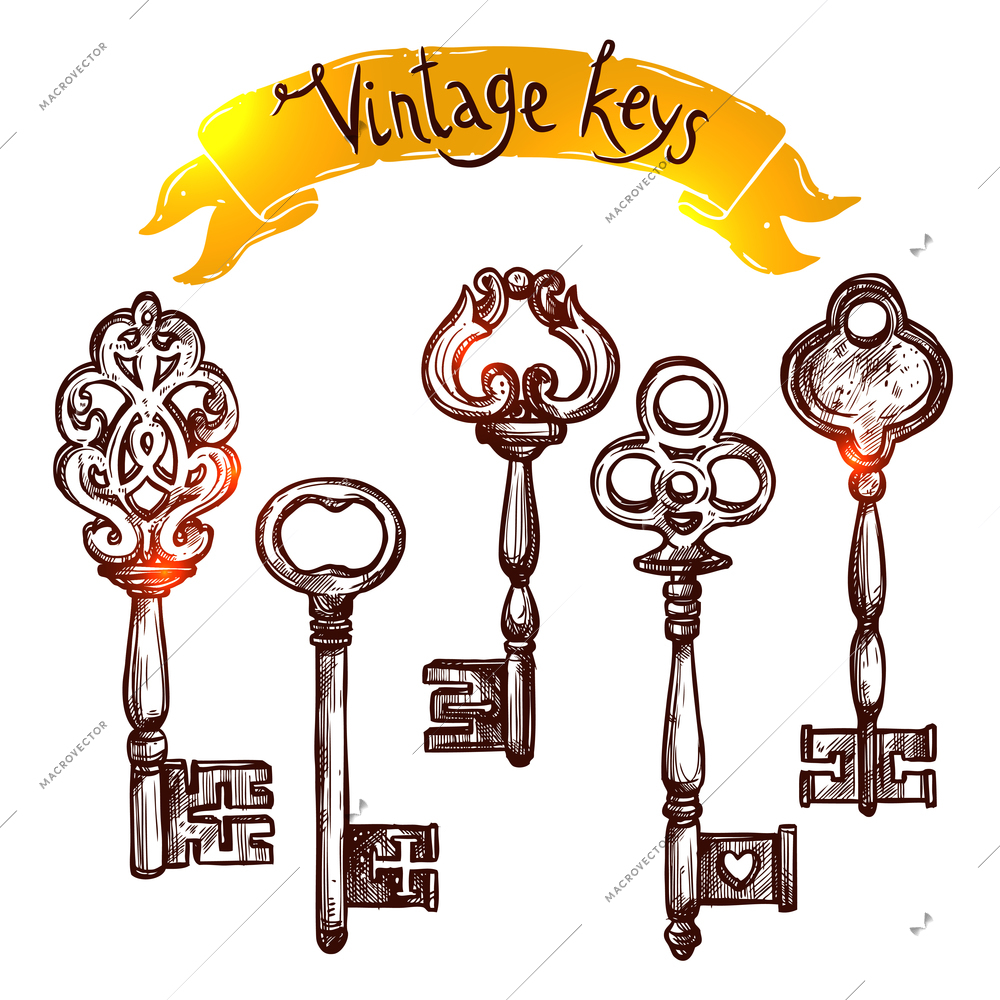 Vintage door keys sketch decorative icons set isolated vector illustration