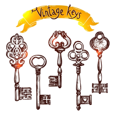 Vintage door keys sketch decorative icons set isolated vector illustration