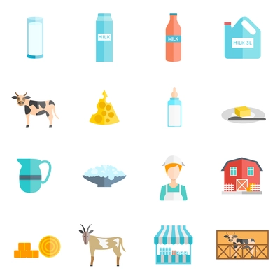 Bio milk farm ecological dairy products online flat icons set with cottage cheese abstract isolated vector illustration