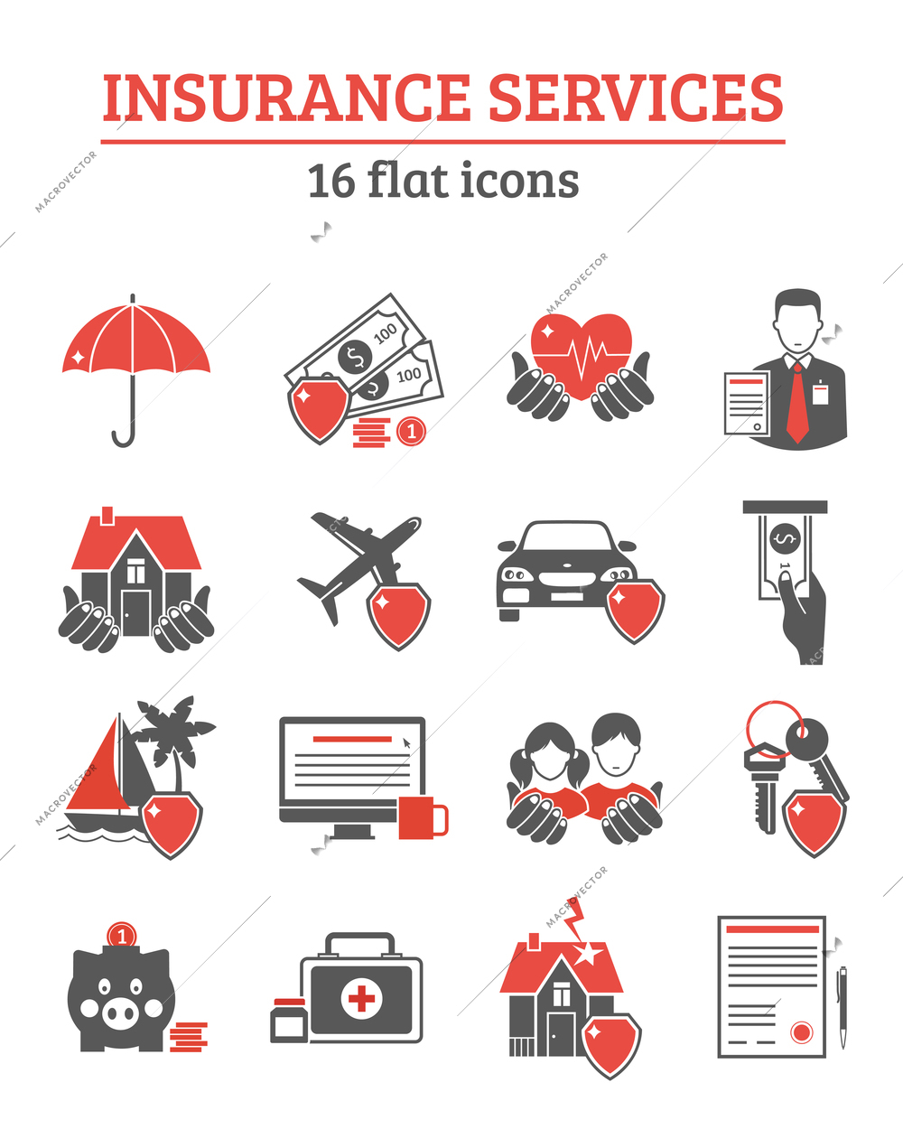 Insurance services red black icons set with health life and property insurance symbols flat isolated vector illustration