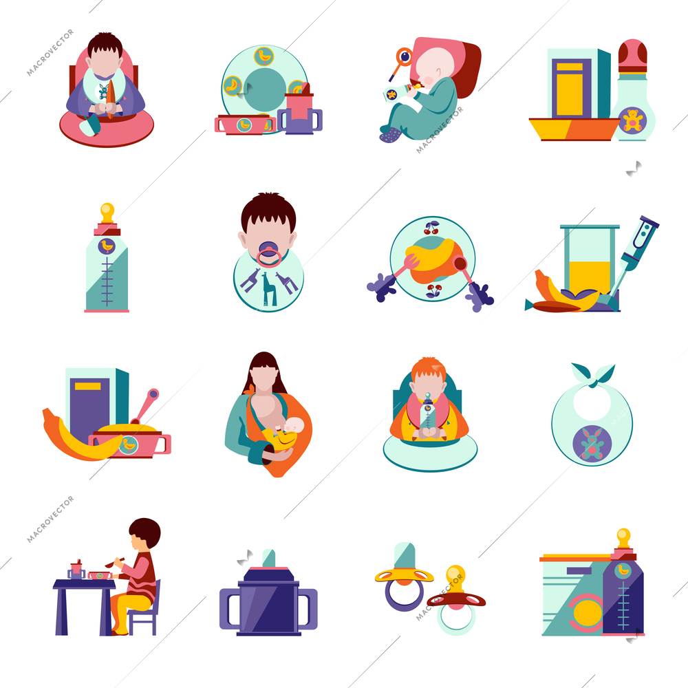 Baby feeding and nutrition flat icons set isolated vector illustration