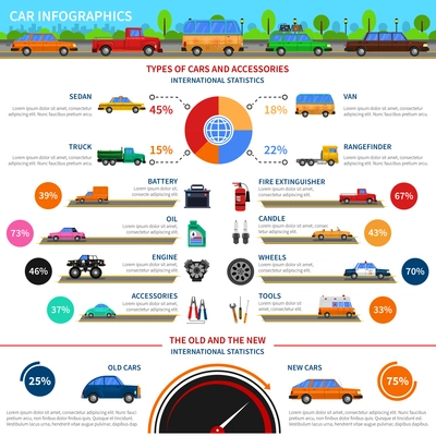 Types of cars and accessories infographic set with sedan truck and van flat vector illustration