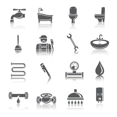 Plumbing tools pictograms set of shower bathroom toilet and water tube isolated vector illustration