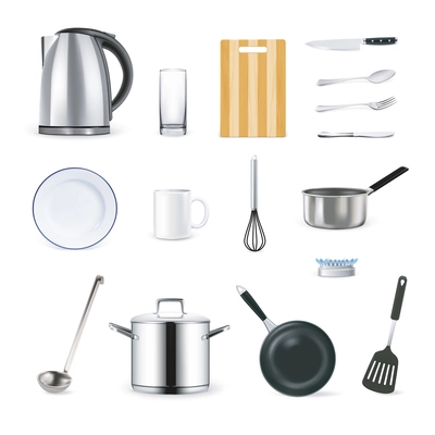 Realistic kitchen utensils icons set with cup plate ladle and teapot isolated vector illustration