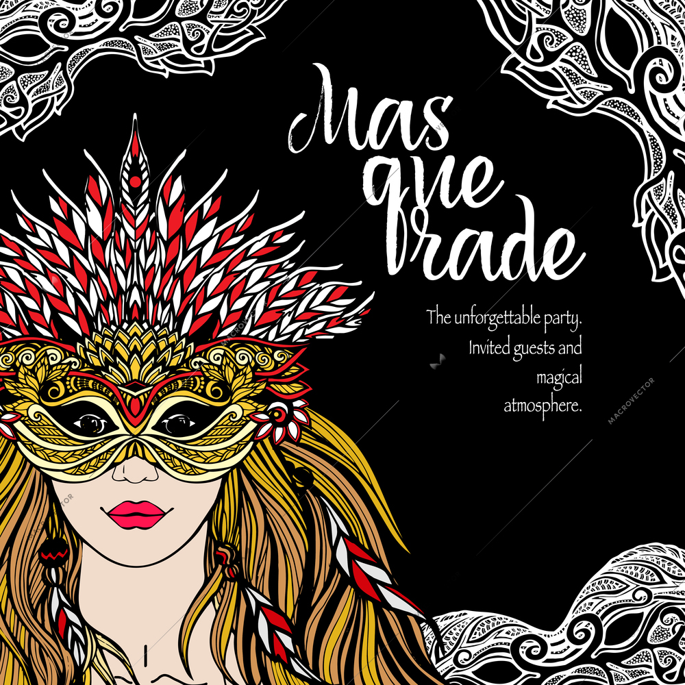 Beautiful young woman face with retro style carnival mask on black background vector illustration