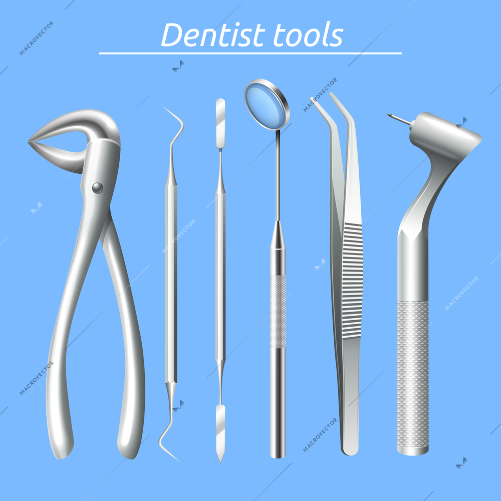 Realistic dentist tools and tooth healthcare equipment set isolated vector illustration