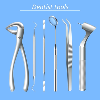 Realistic dentist tools and tooth healthcare equipment set isolated vector illustration