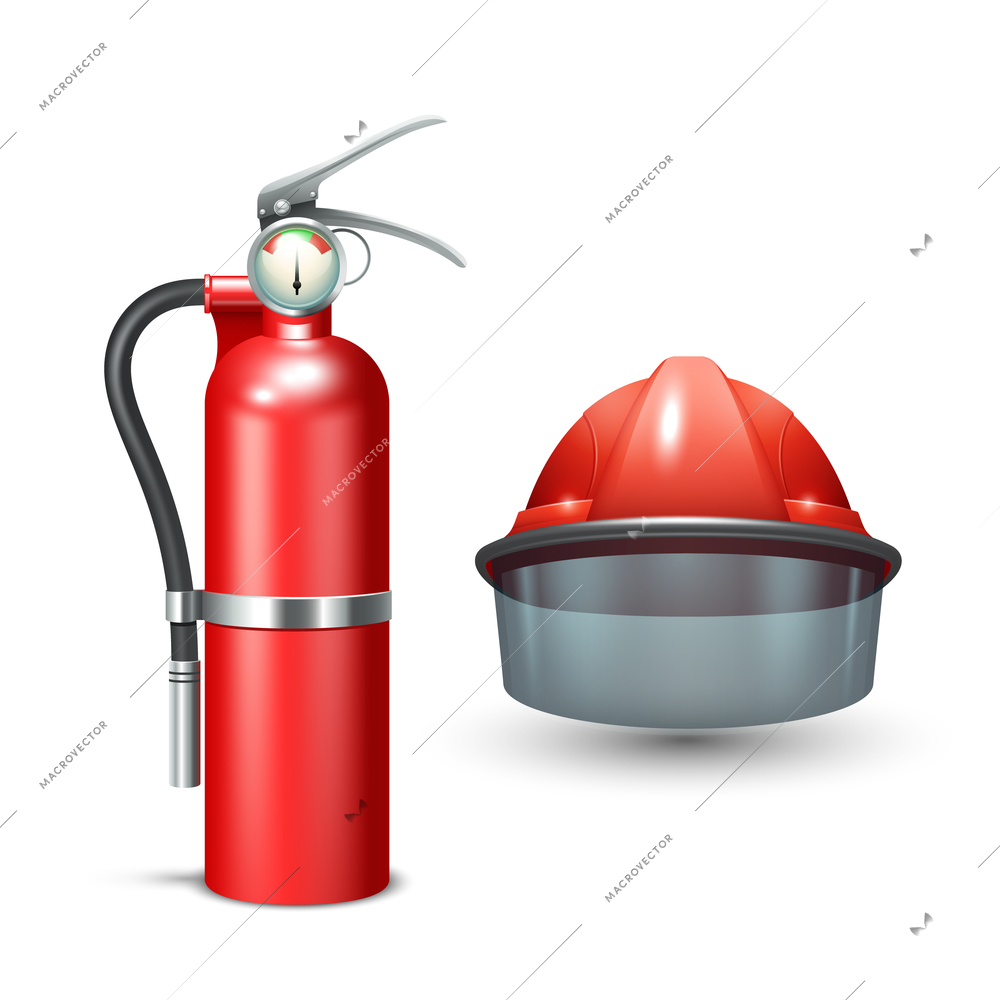 Red realistic firefighter helmet and fire extinguisher isolated vector illustration